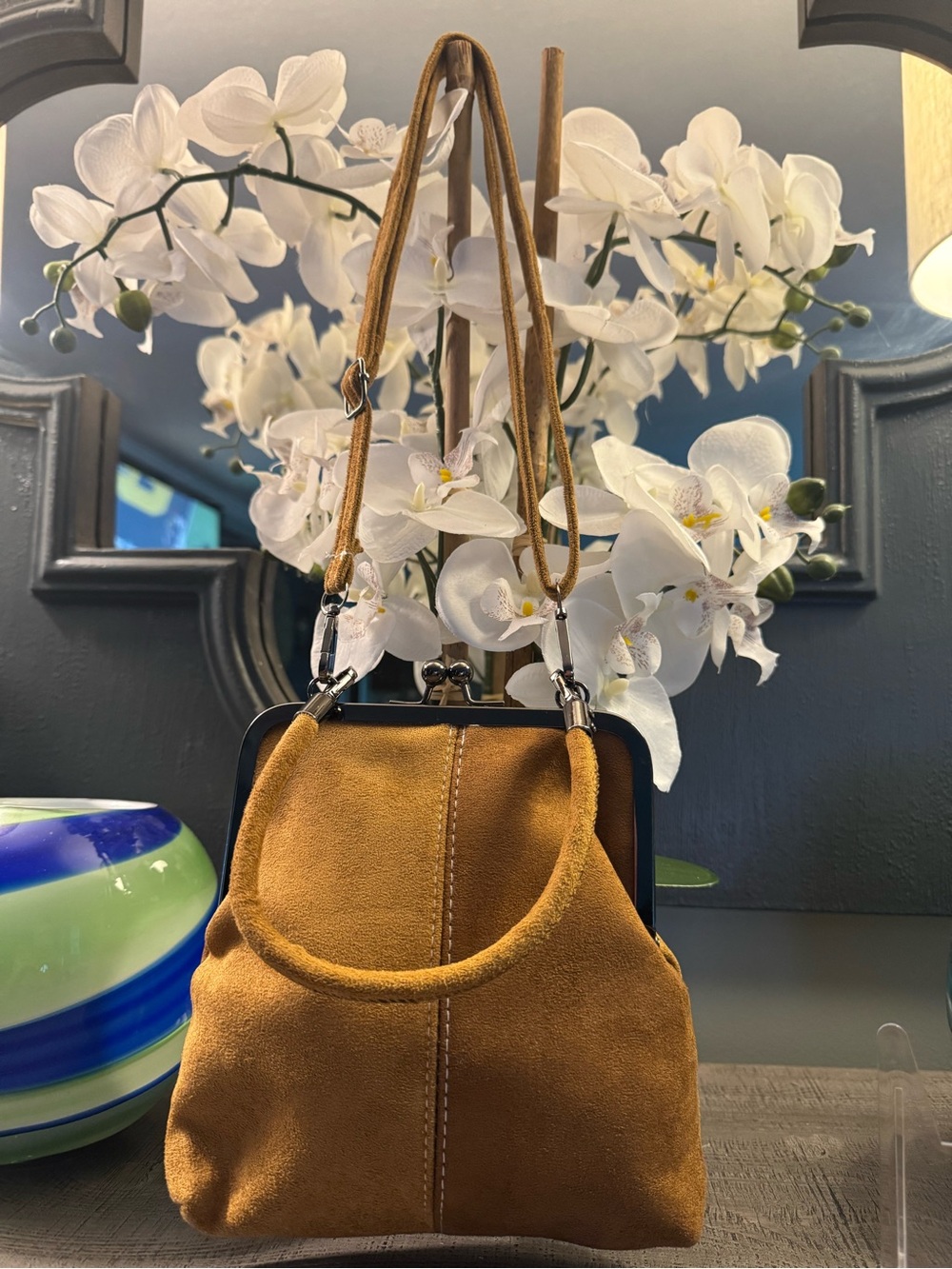 Suede KISS LOCK Two Tone Tan/Brown Satchel Bag